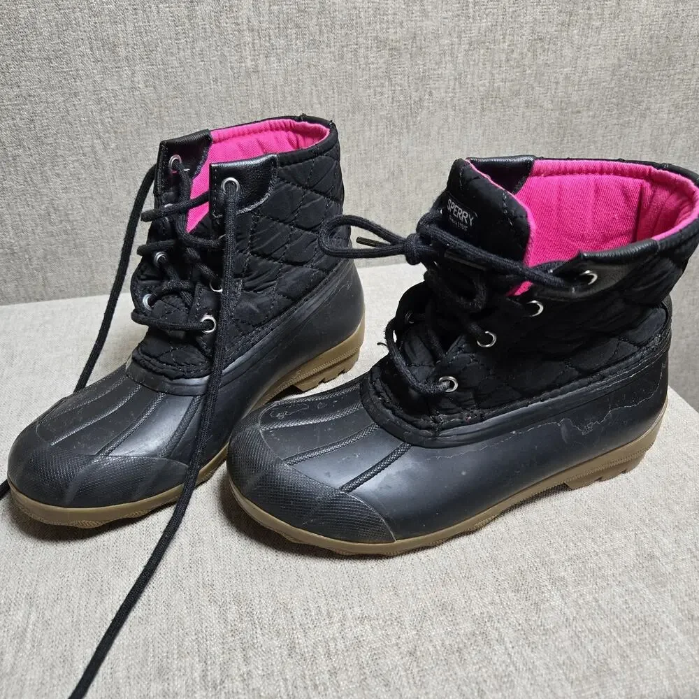 Sperry Port Duck Boots Kids Size 2 Black /Pink Waterproof Lined Rain Snow Play